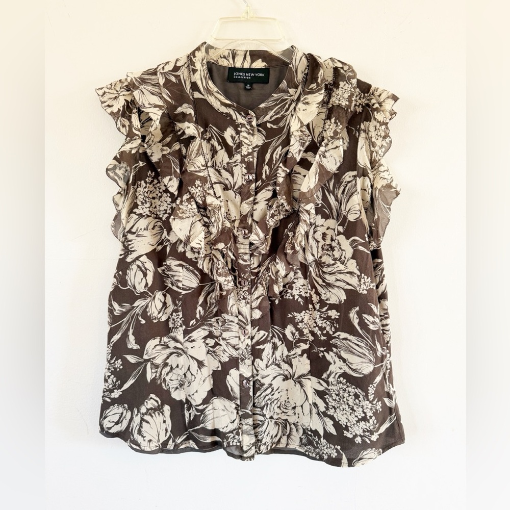Jones NY Women Silk Floral Ruffle Sleeveless Button Down Top Sz 16 Quiet Luxury